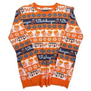 Whataburger Mens Ugly Christmas‎ Sweater Orange White Fair Isle French Fries XL